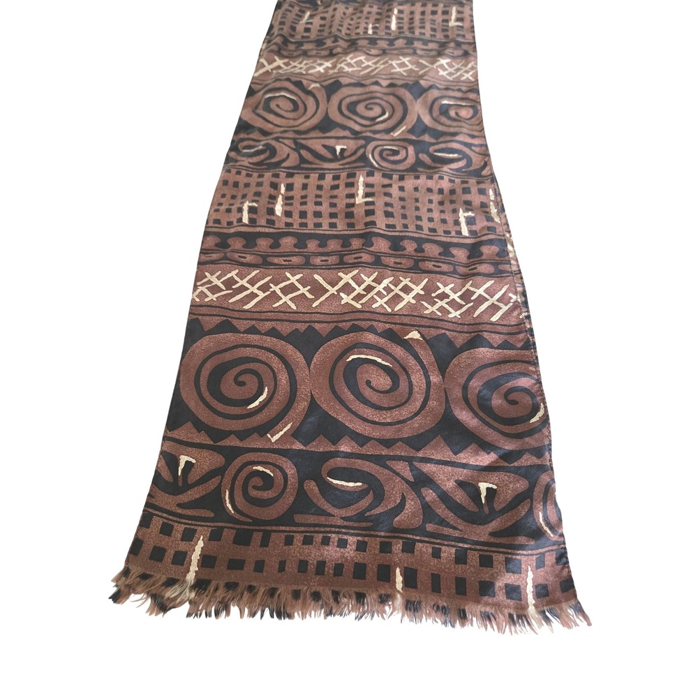 Studio New York 100% Silk Scarf Brown Black Tribal Geometric Print Fringed Korea